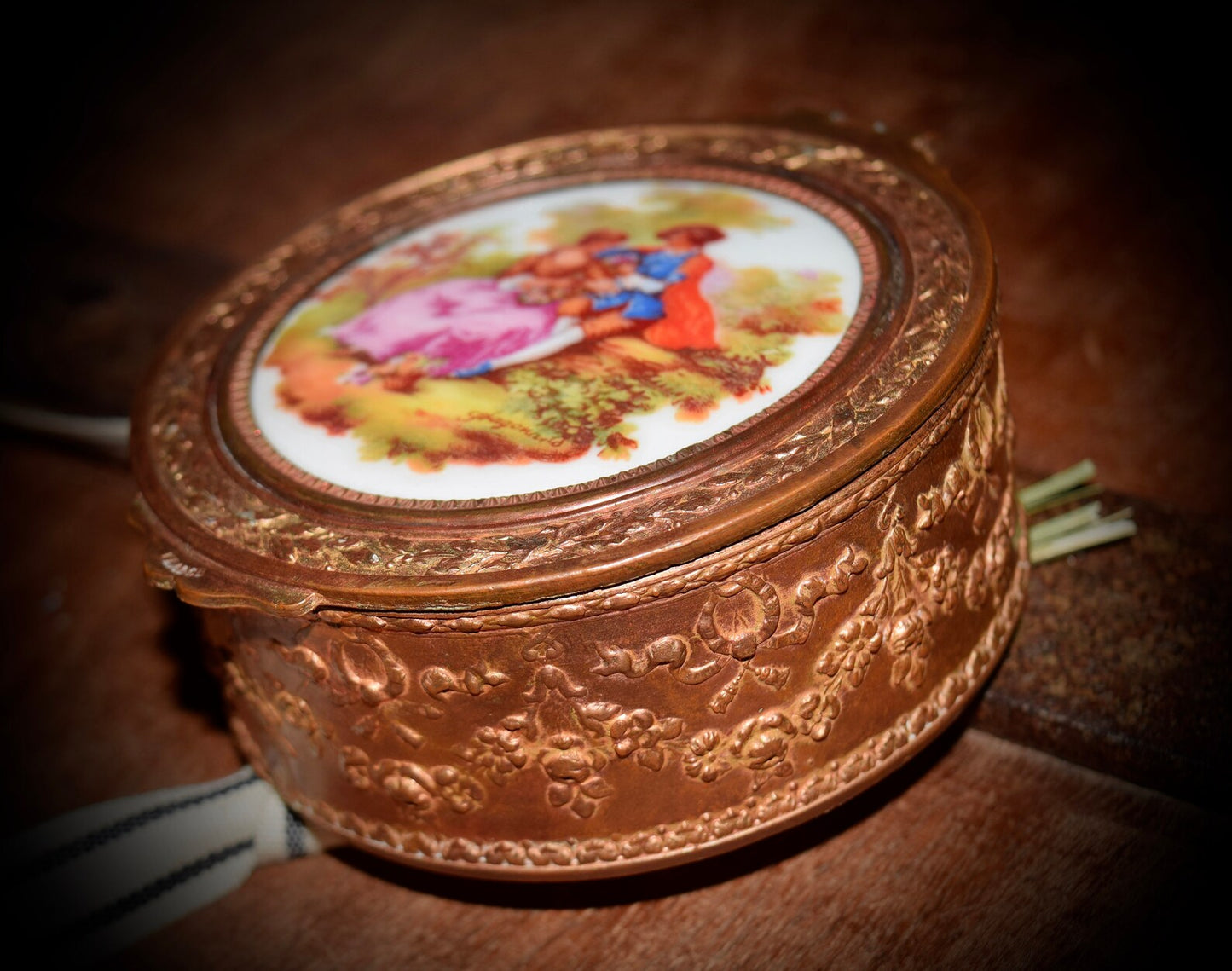 Antique French Jewelry Box with Hand Painted Scenery on Porcelain