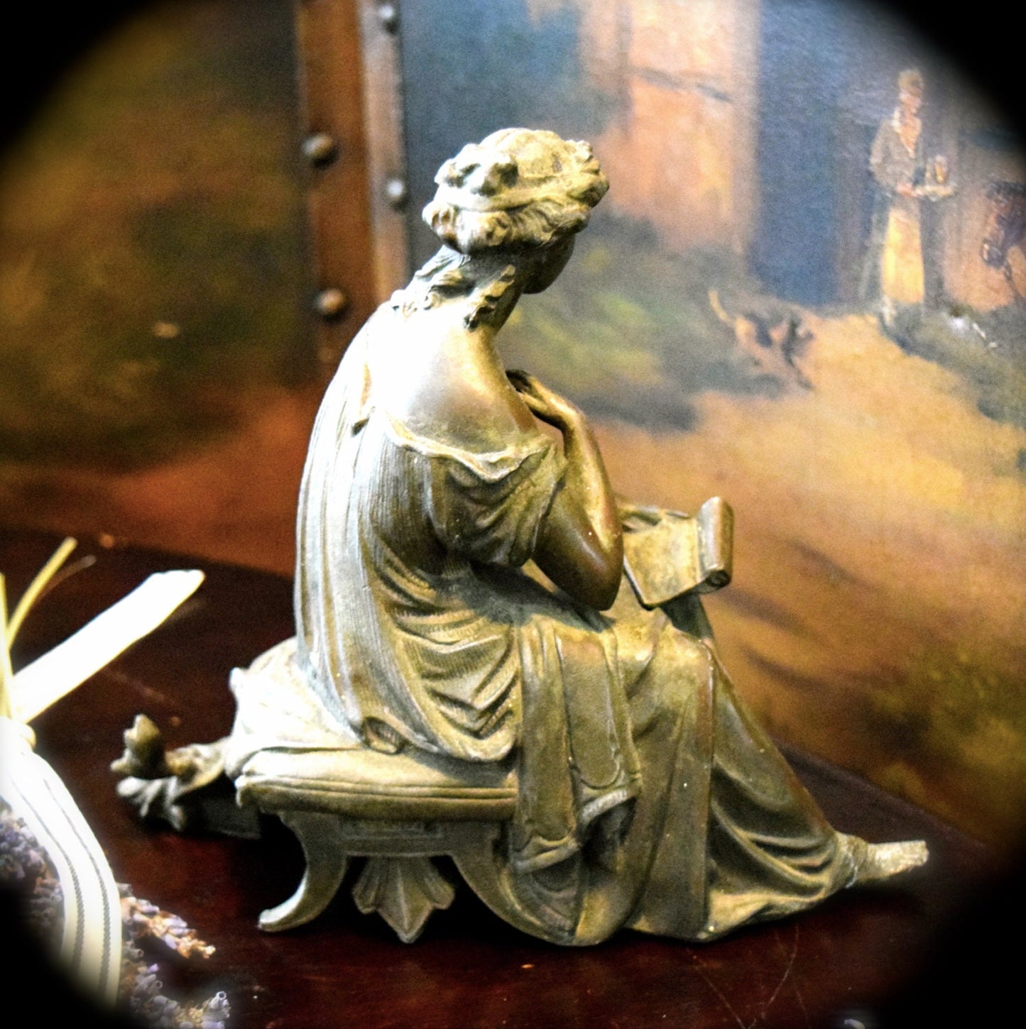 Antique  Woman Reading Spelter Clock Topper  Late 1800's    Sku: C254