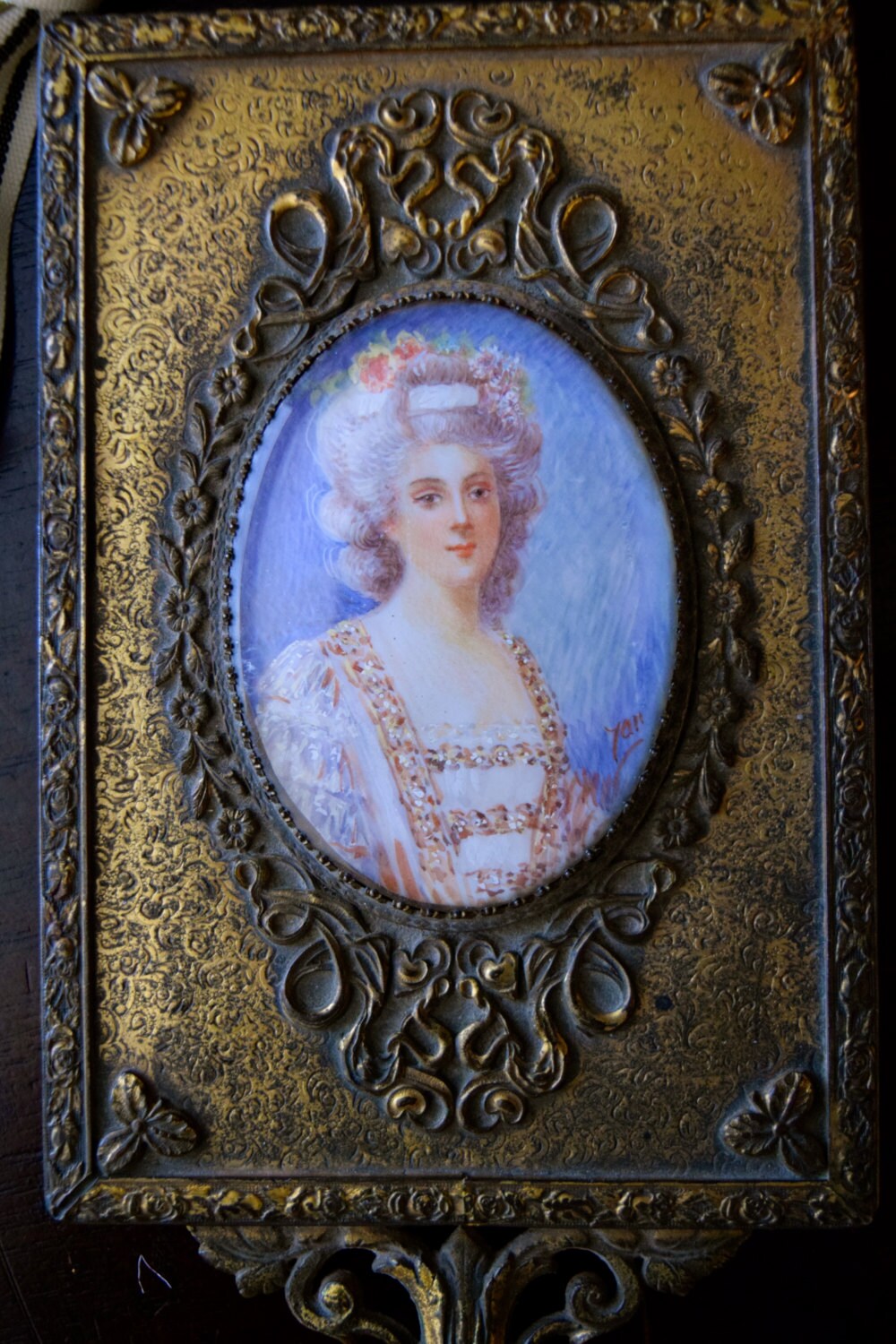 Antique French Bronze Hand Mirror with Hand Painted Porcelain Portrait        Sku: C293