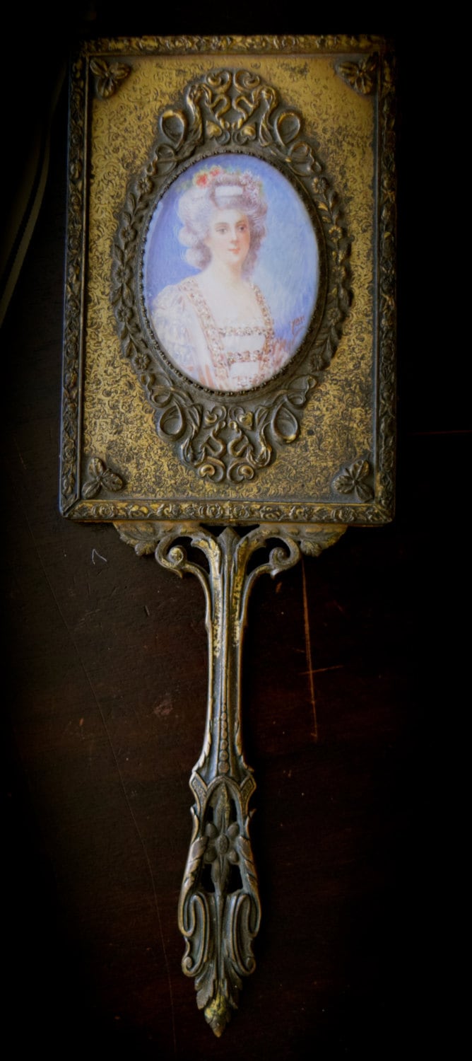 Antique French Bronze Hand Mirror with Hand Painted Porcelain Portrait        Sku: C293