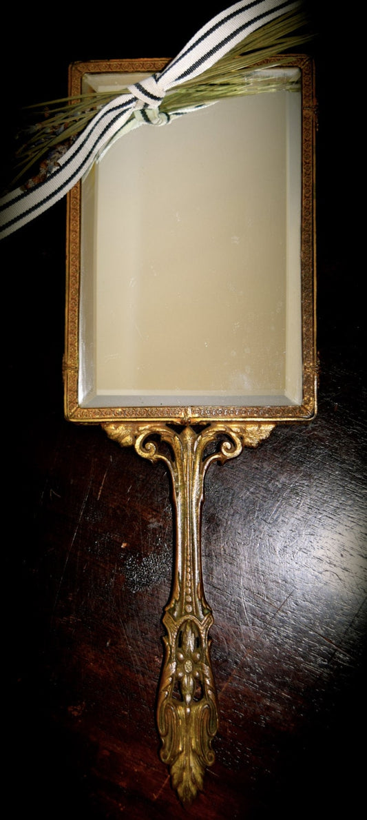 Antique French Bronze Hand Mirror with Hand Painted Porcelain Portrait        Sku: C293