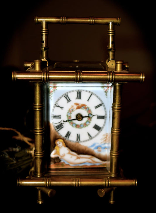 French Antique Carriage Clock With Enamel Hand Painted Panels 1800's     Sku: C294