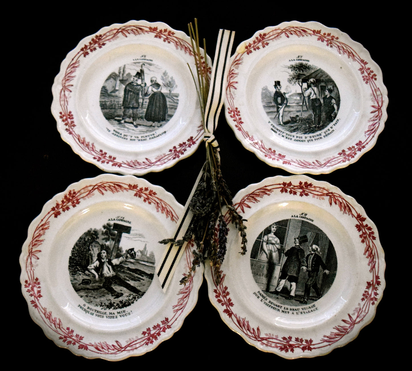 Set of 4 French Antique Creil et Montereau Terre De Fer Plates     Sku: C350