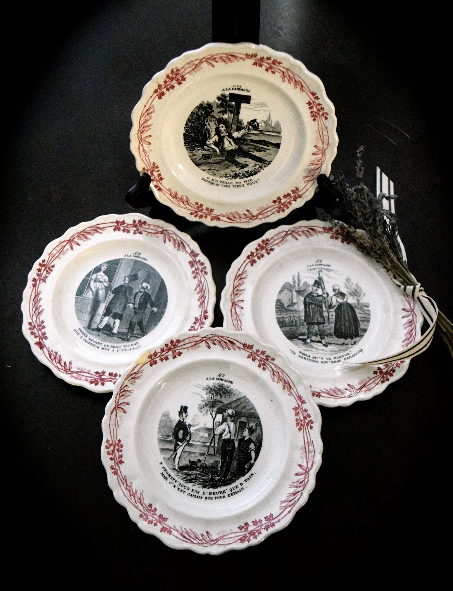 Set of 4 French Antique Creil et Montereau Terre De Fer Plates     Sku: C350