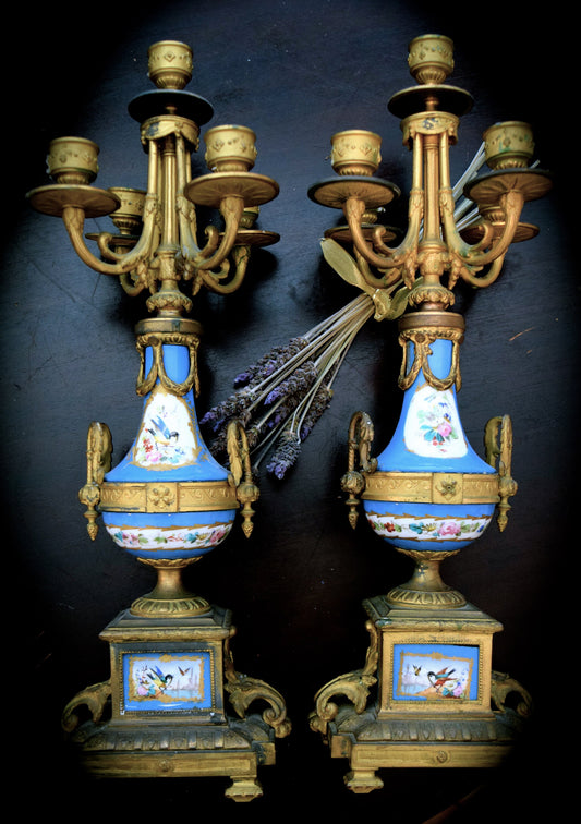 A Pair of French Antique  P.H. Mourey Candelabras with Sevres Porcelaine    Sku: C361