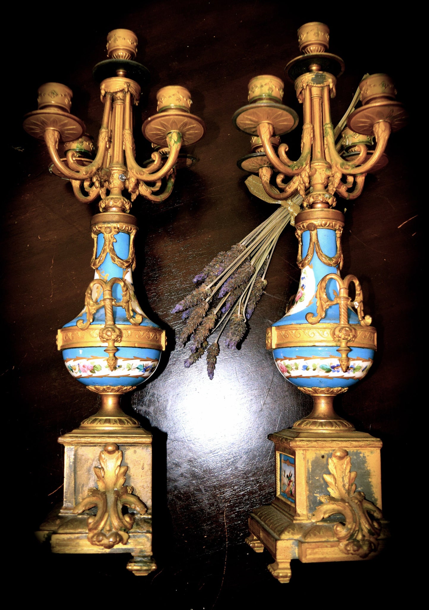 A Pair of French Antique  P.H. Mourey Candelabras with Sevres Porcelaine    Sku: C361