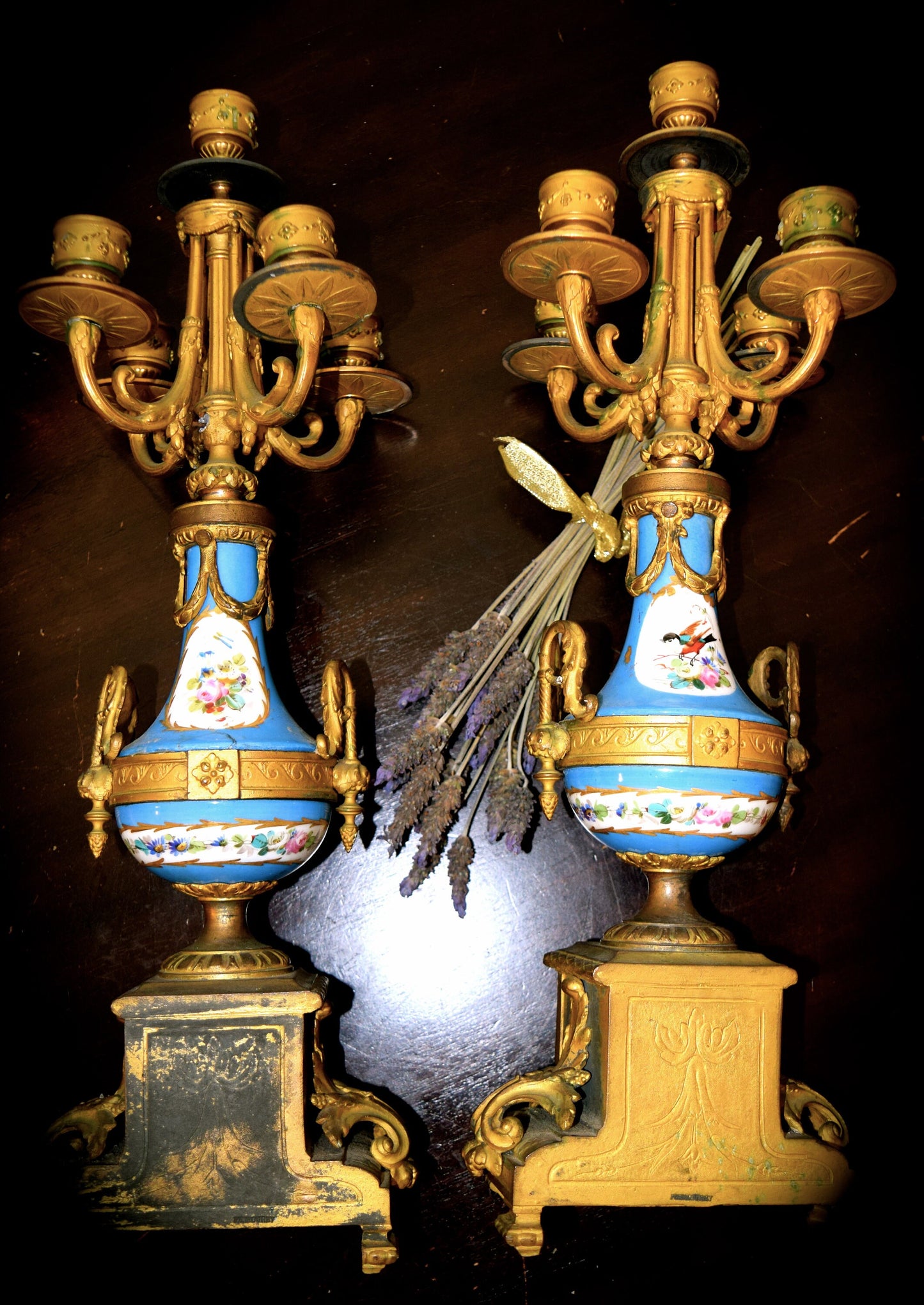 A Pair of French Antique  P.H. Mourey Candelabras with Sevres Porcelaine    Sku: C361