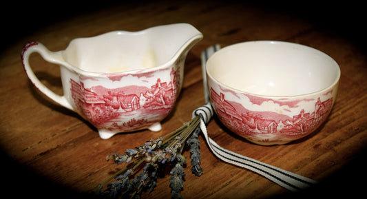 English Made Ironstone  Chinoiserie Pattern Creamer and Sugar      Sku: C378