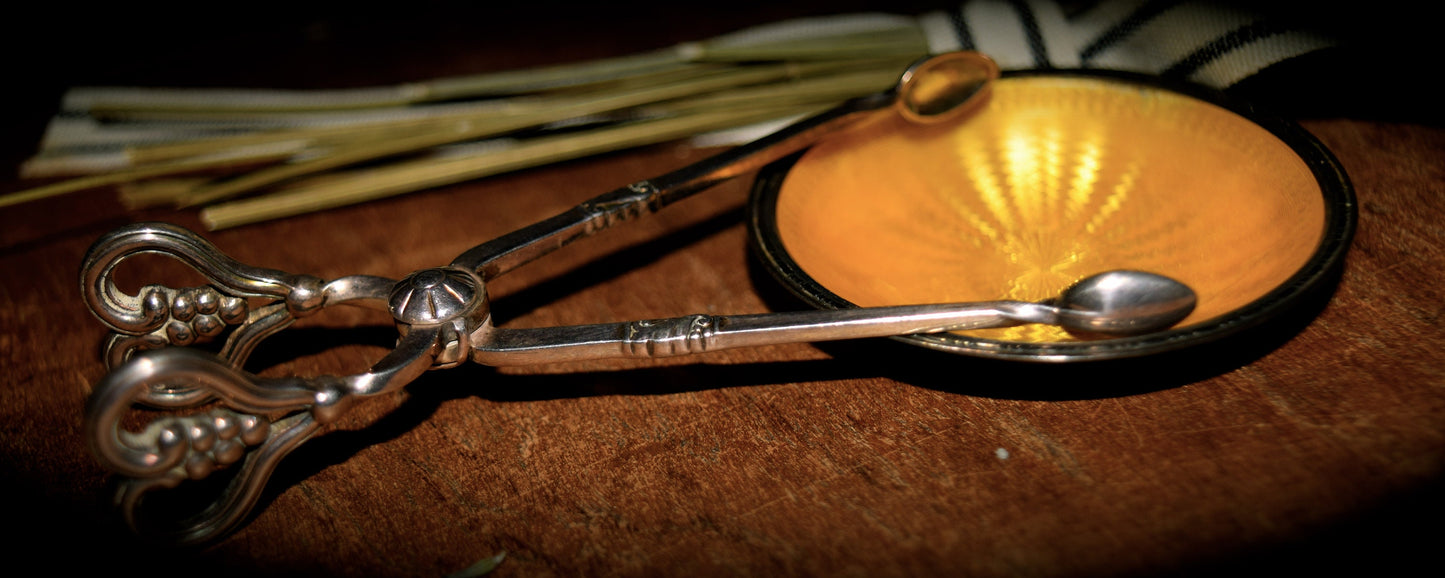 Danish Sterling Silver Miniature Grape Sugar Tongs w/ Enamel and Sterling Dish     Sku: C399