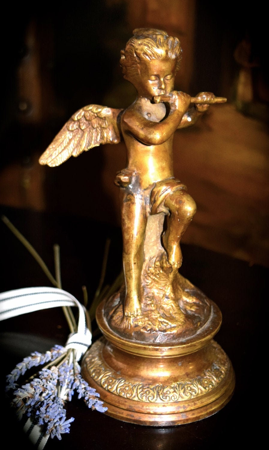 Antique Patinated Brass Sculpture Putto Playing the Flute   Sku: C219