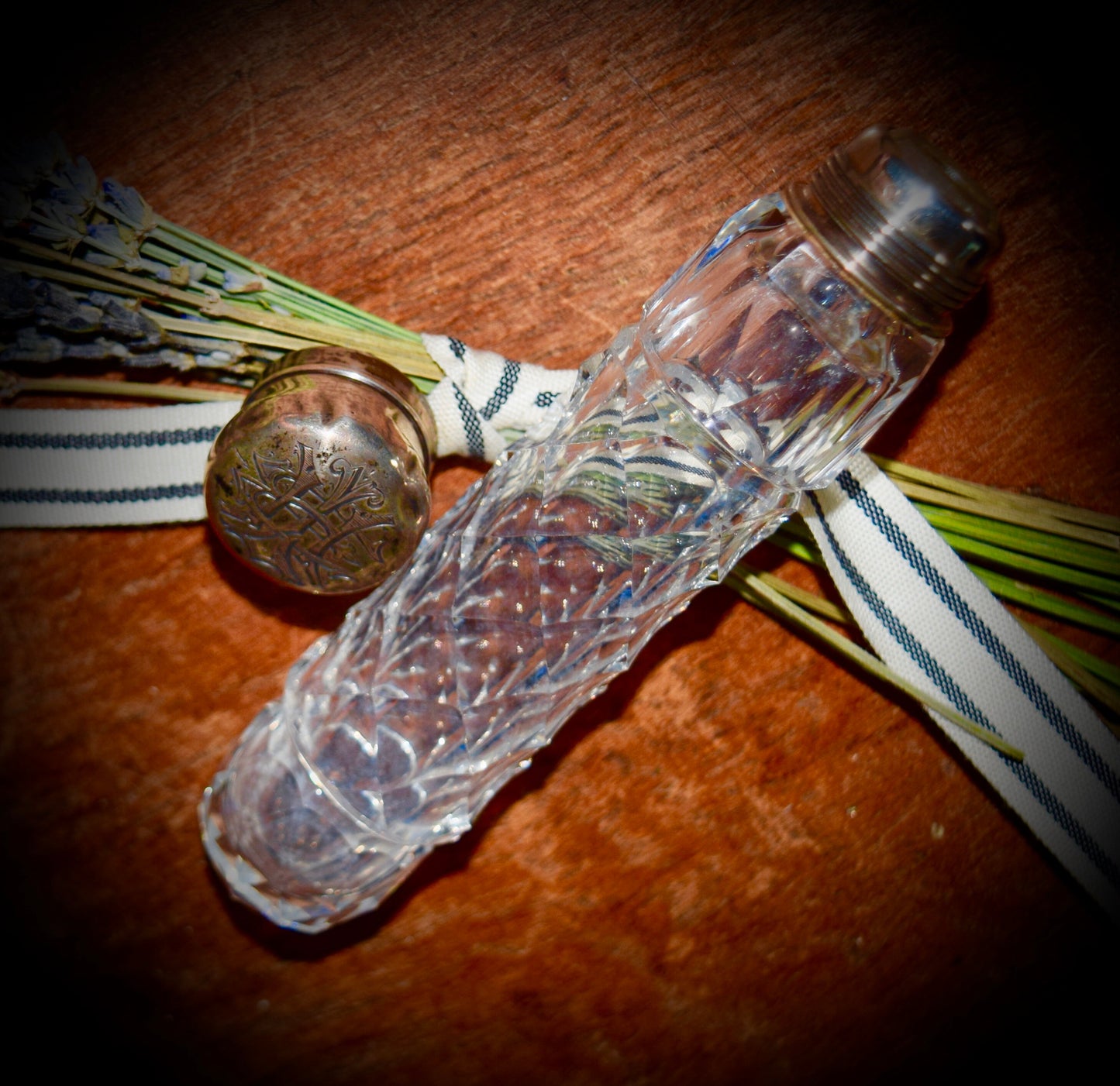 Beautiful Antique Crystal Gorham Bottle with Sterling Top.      Sku: C422