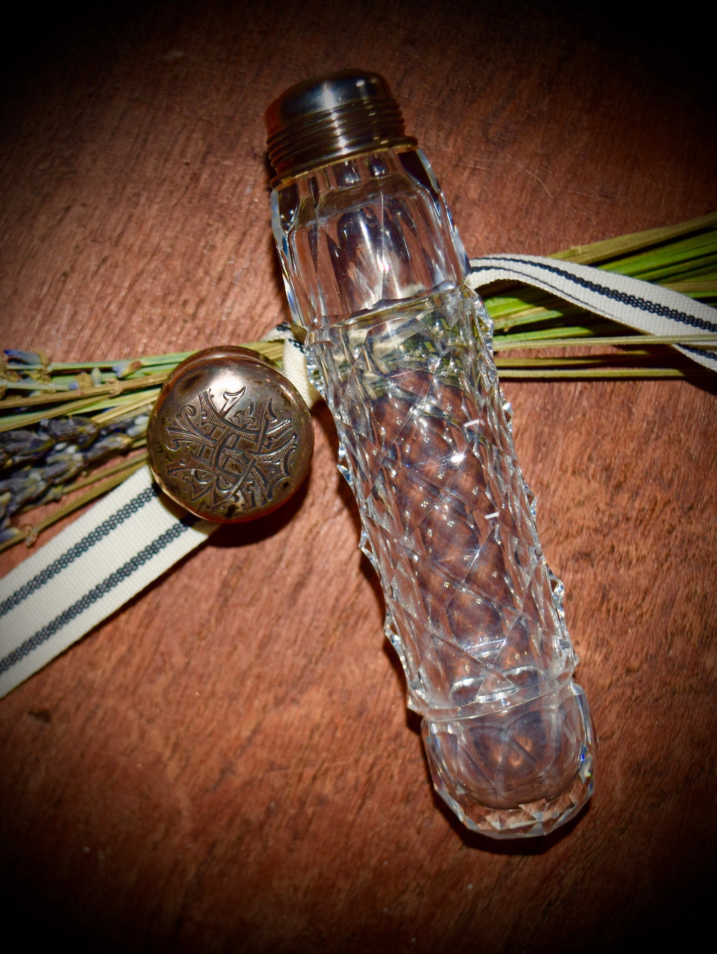 Beautiful Antique Crystal Gorham Bottle with Sterling Top.      Sku: C422