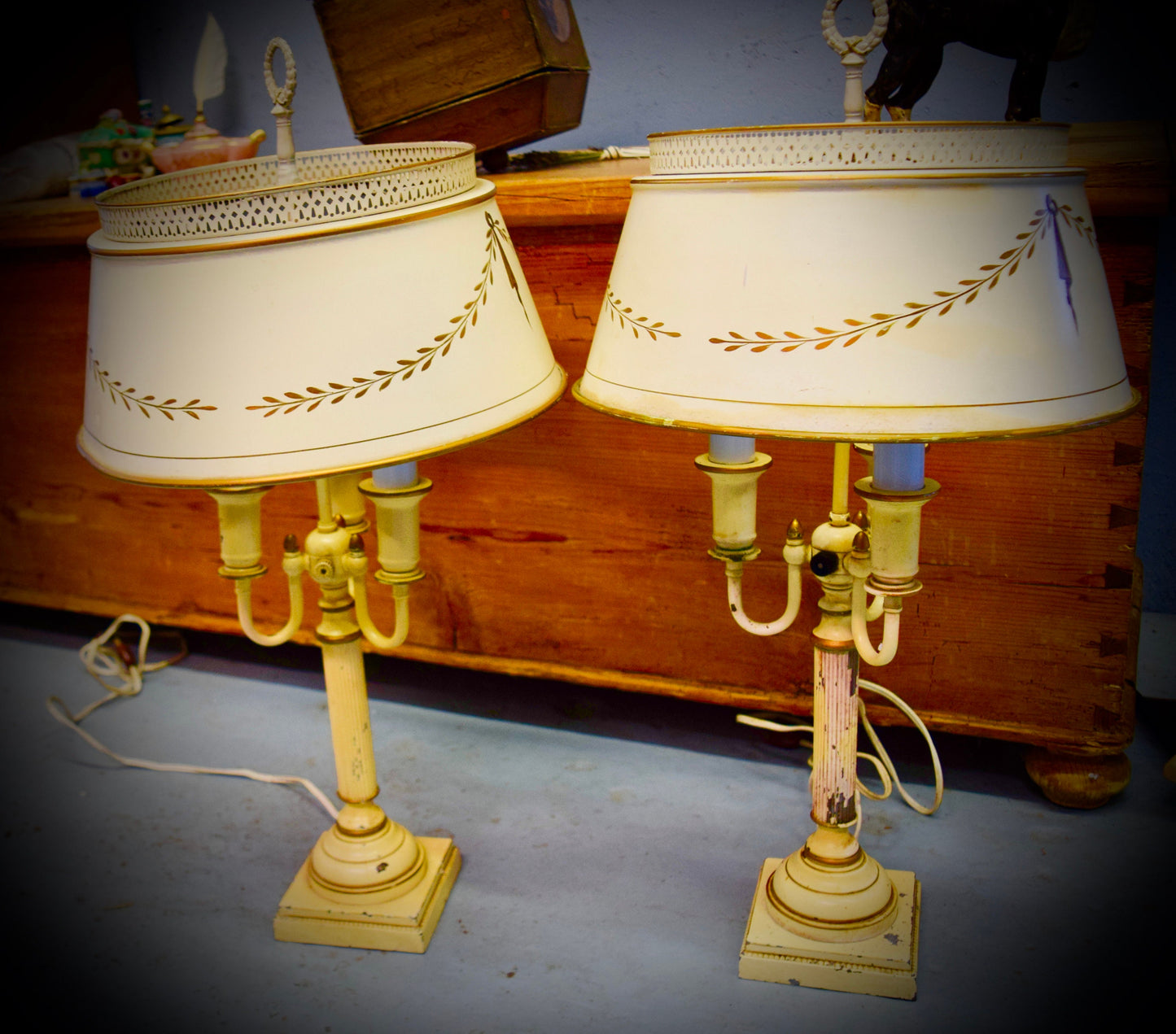 Vintage Pair of French Bouillotte Tole  Table Lamps                       Sku: C442