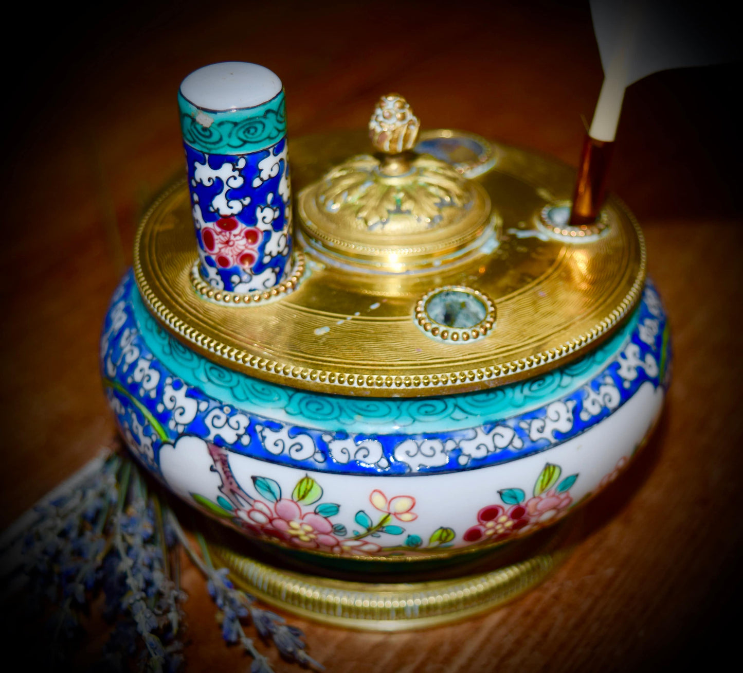 Antique French Limoges Chinoiserie Enamel Gilt Brass Inkwell        Sku: C444