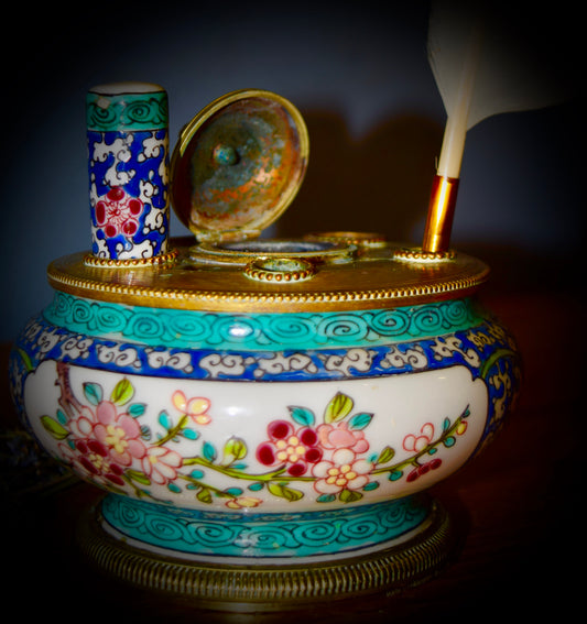 Antique French Limoges Chinoiserie Enamel Gilt Brass Inkwell        Sku: C444