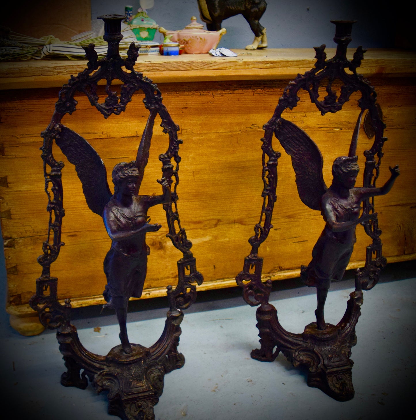 Antique French Rod Iron Candle Holders Statues               Sku: C446