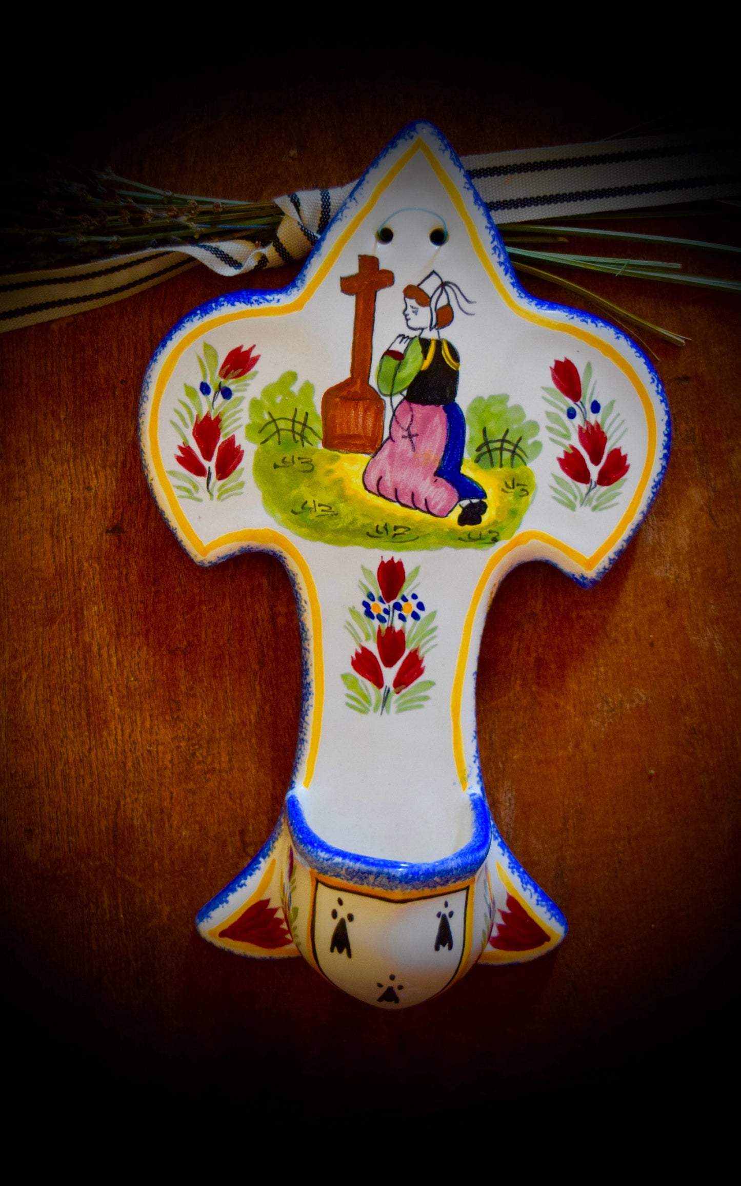 French Vintage Henriot Quimper Wall Holy Water Font With Praying Breton Woman                  Sku:  R002