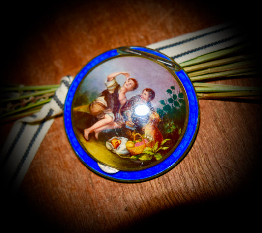 Antique Sterling Silver Enamel Compact/ Pill Box With Scenery       Sku:  C462