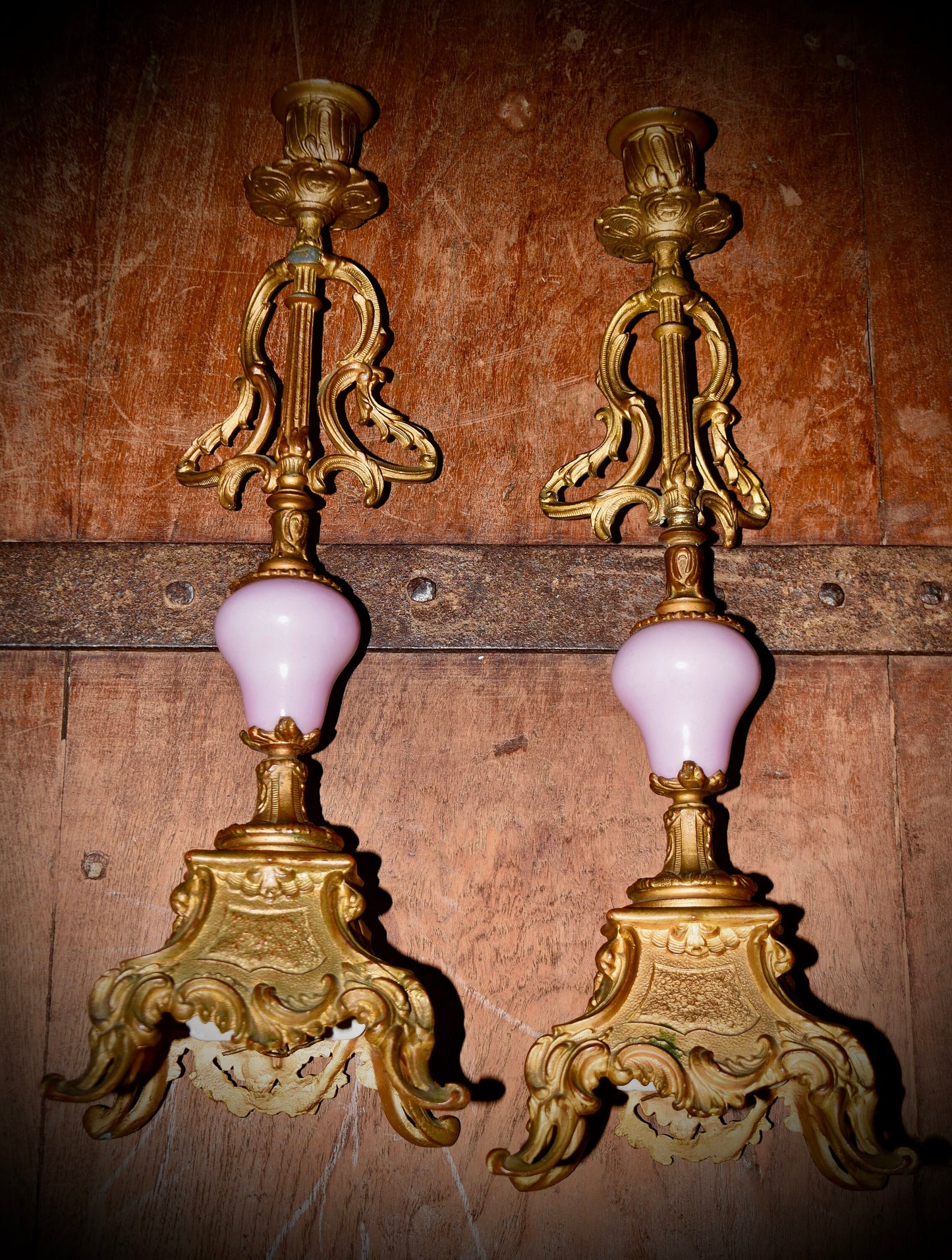 A Pair of French Antique Candle Sticks with Hand Painted Sevres Porcelain.         Sku: C500