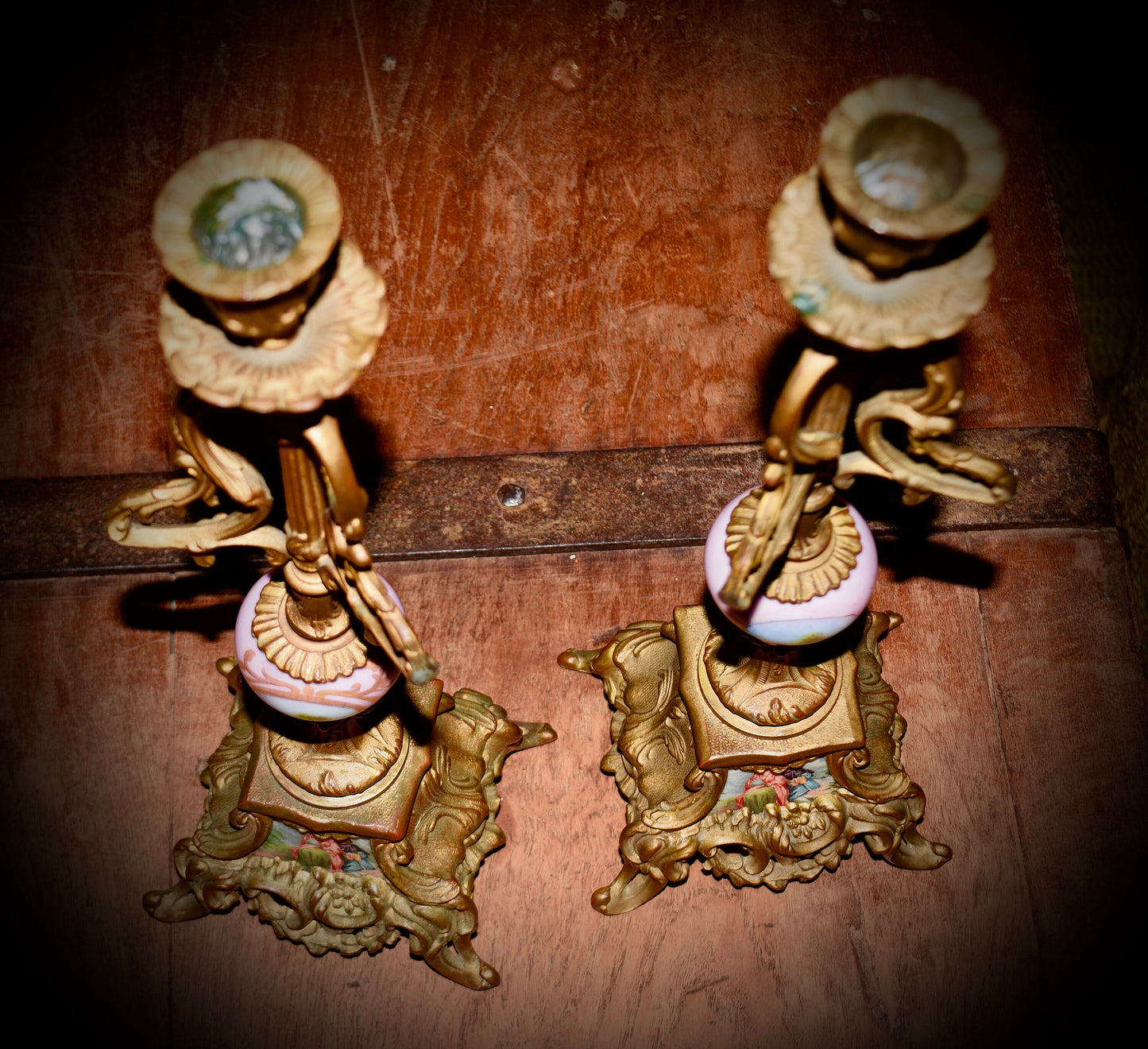 A Pair of French Antique Candle Sticks with Hand Painted Sevres Porcelain.         Sku: C500