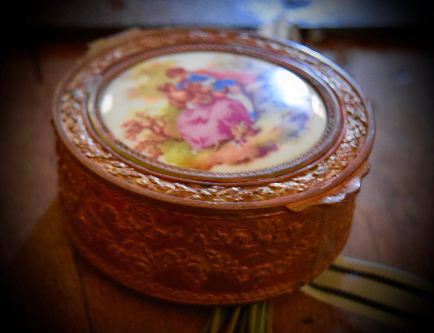 Antique French Jewelry Box with Hand Painted Scenery on Porcelain.          Sku: J156