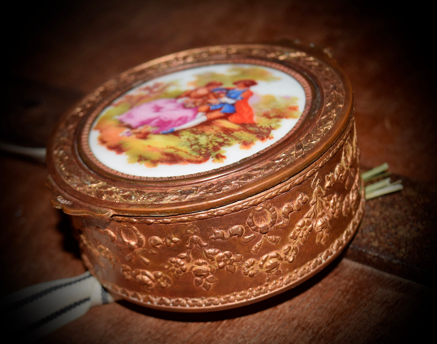 Antique French Jewelry Box with Hand Painted Scenery on Porcelain.          Sku: J156