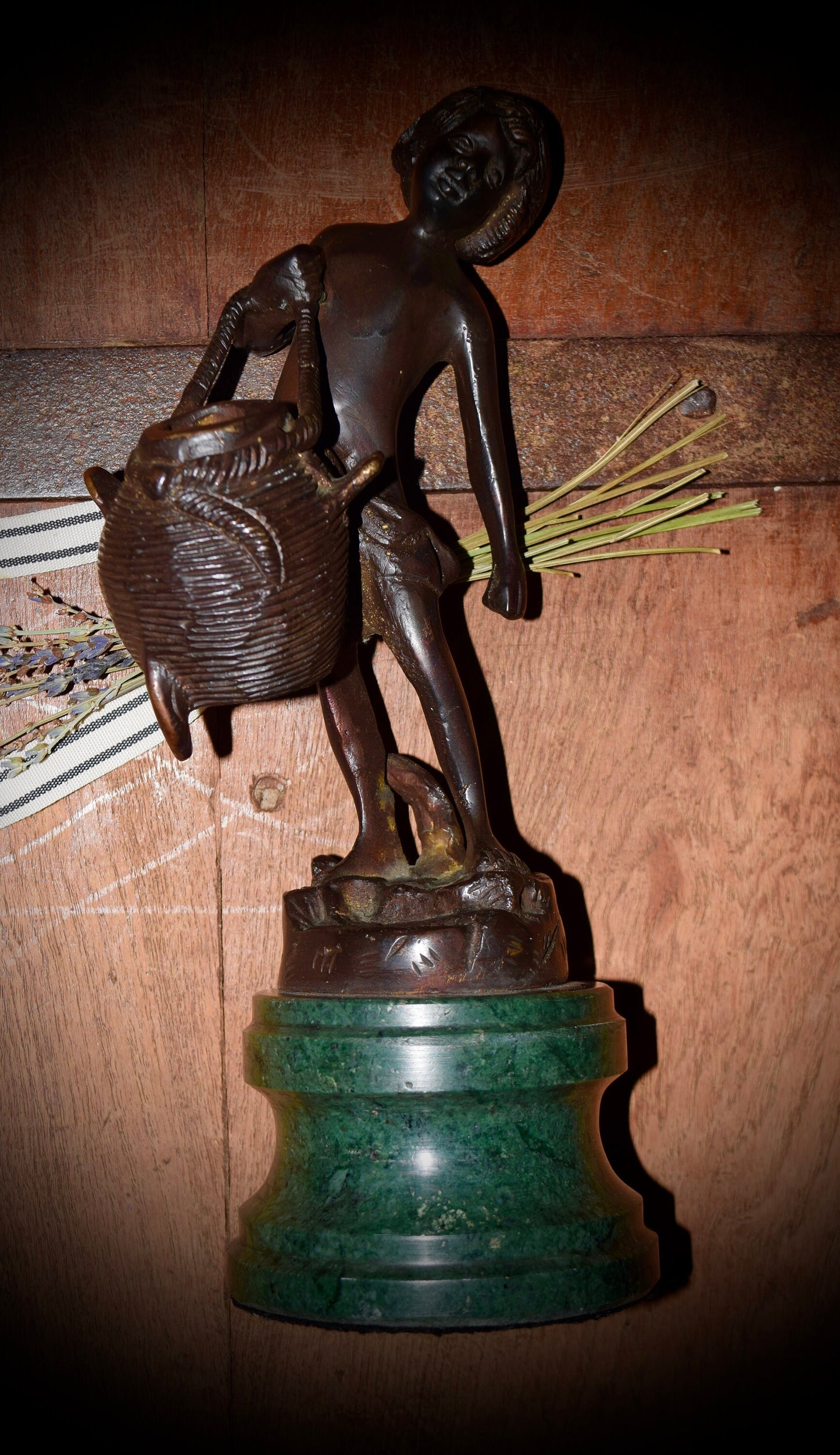 Vintage Bronze Statue Sculpture Of A Young Boy Carrying A Basket                      Sku: C505