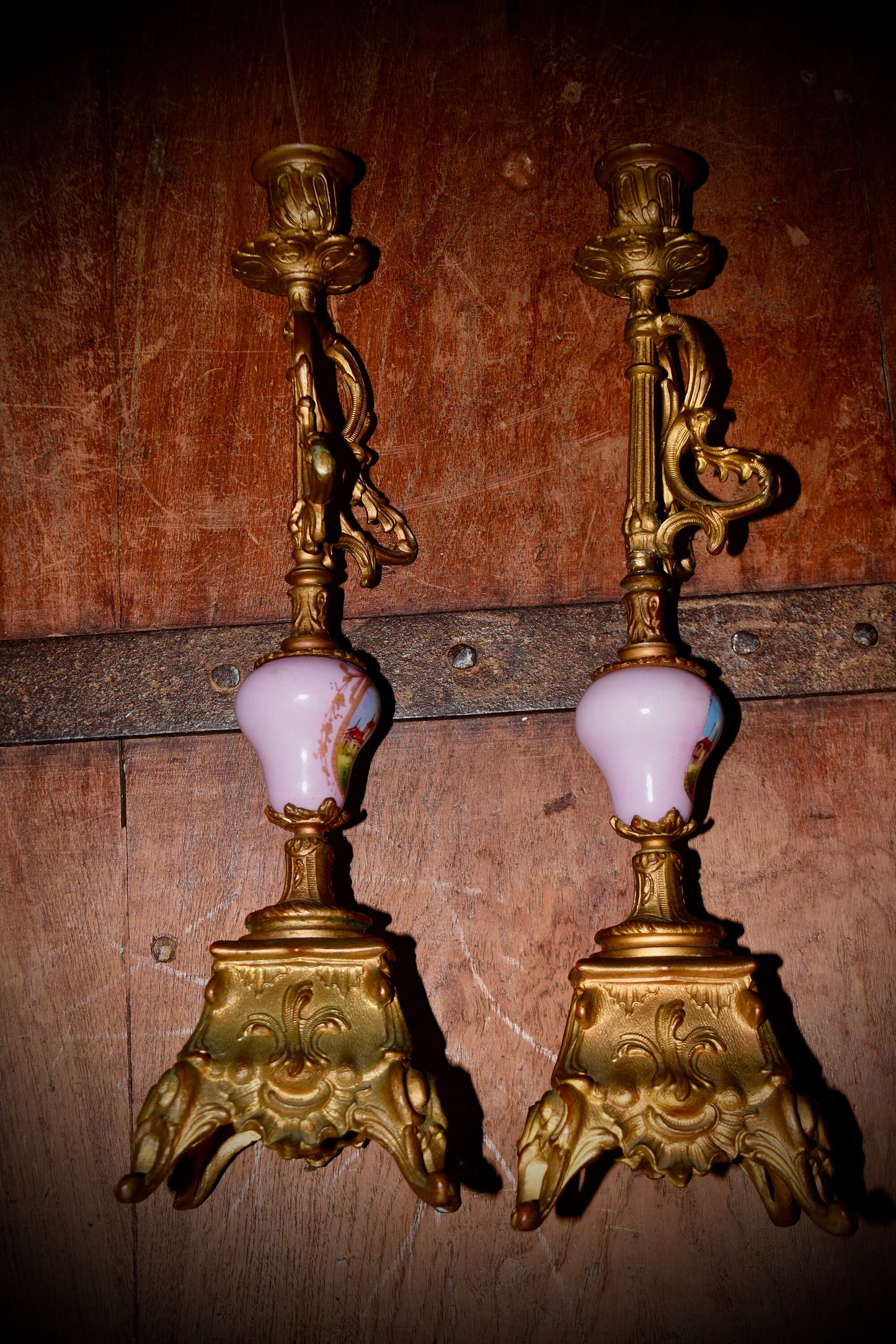 A Pair of French Antique Candle Sticks with Hand Painted Sevres Porcelain.         Sku: C500