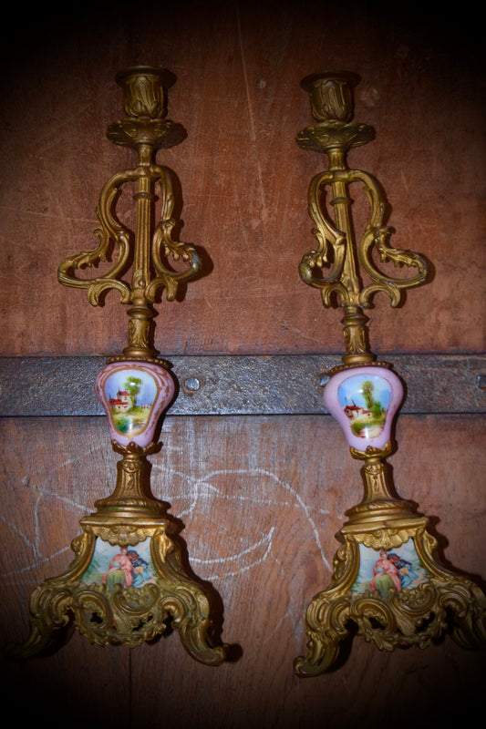 A Pair of French Antique Candle Sticks with Hand Painted Sevres Porcelain.         Sku: C500