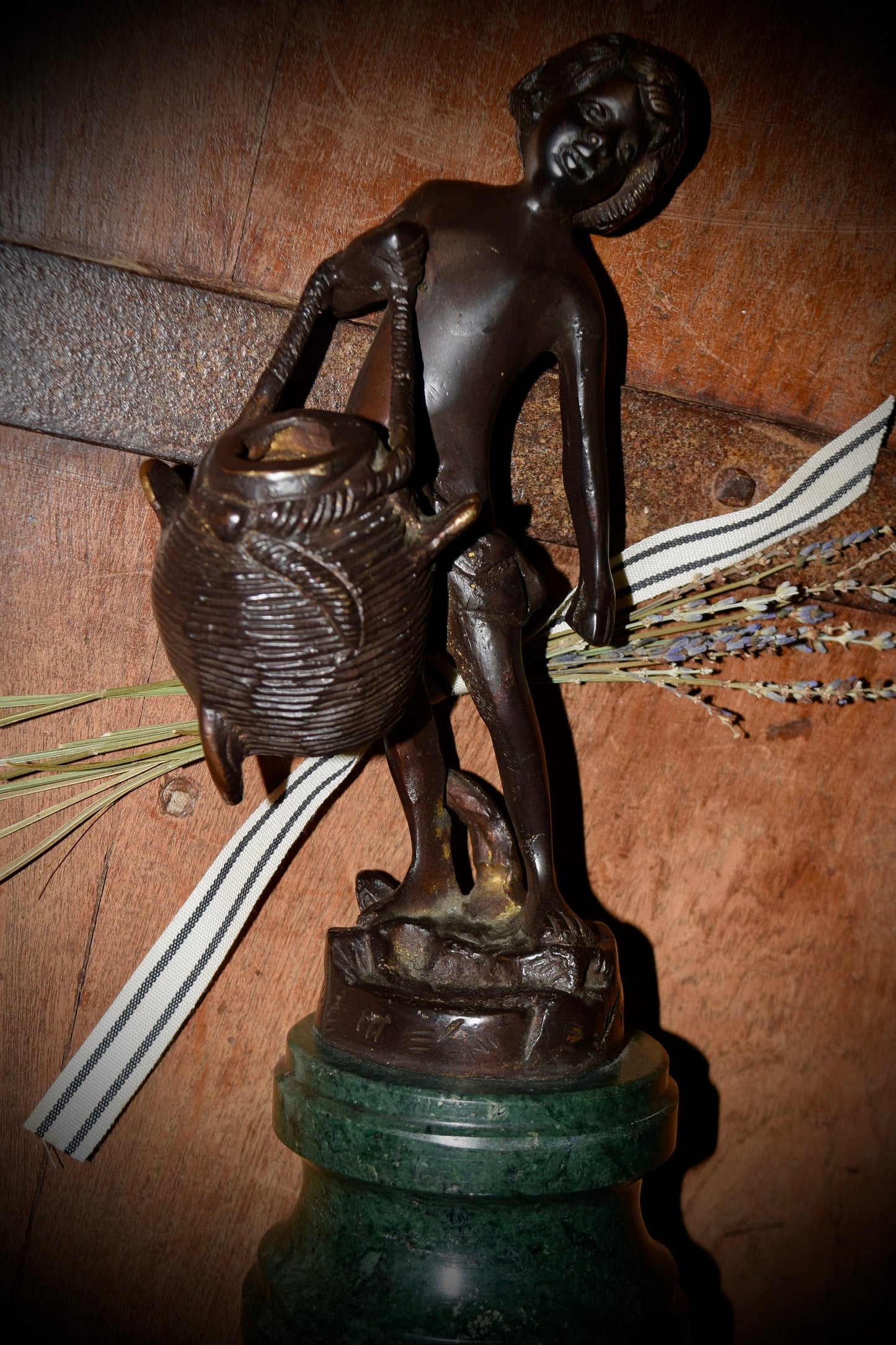 Vintage Bronze Statue Sculpture Of A Young Boy Carrying A Basket                      Sku: C505