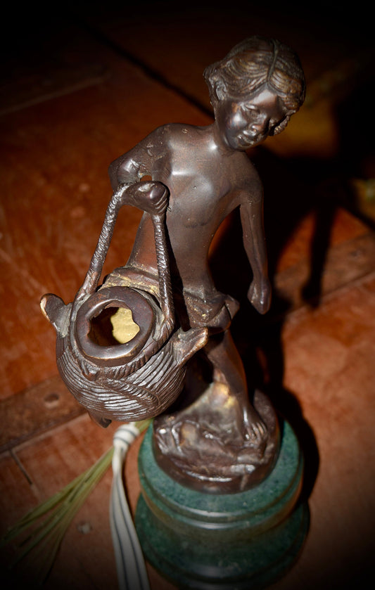 Vintage Bronze Statue Sculpture Of A Young Boy Carrying A Basket                      Sku: C505