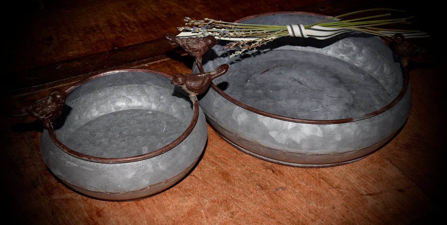 Two Vintage Galvanized Tin Planters with Birds                    Sku: C512