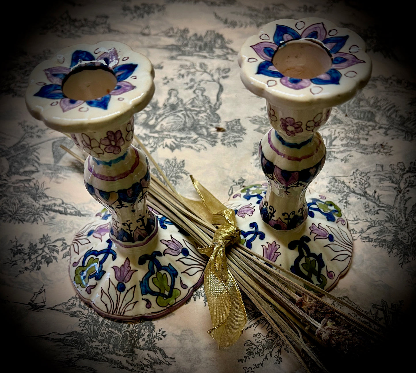 Antique French Faience Pottery Candlesticks.          SKU:C002