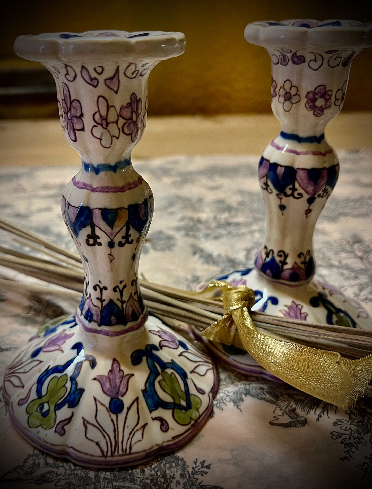 Antique French Faience Pottery Candlesticks.          SKU:C002