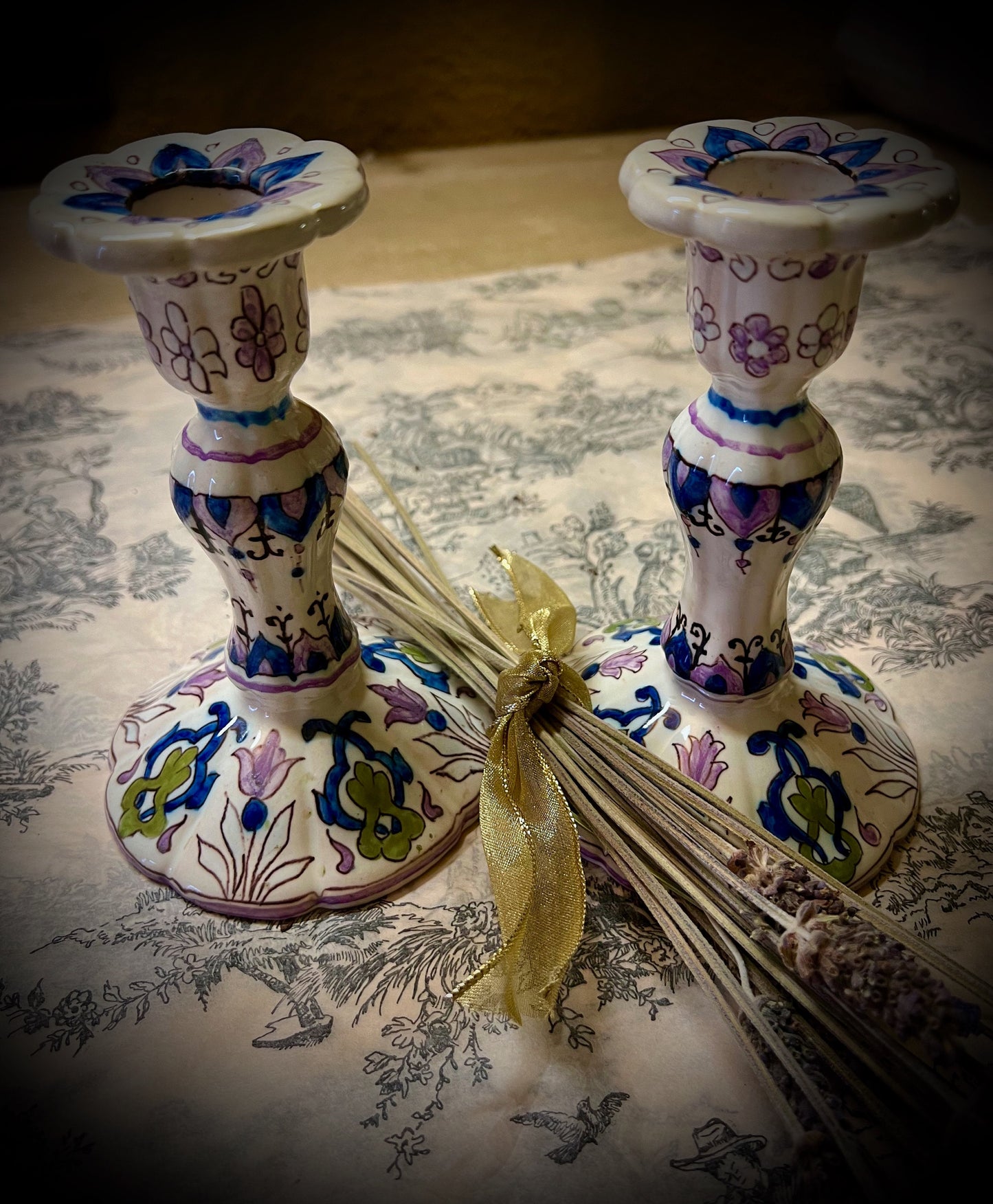 Antique French Faience Pottery Candlesticks.          SKU:C002