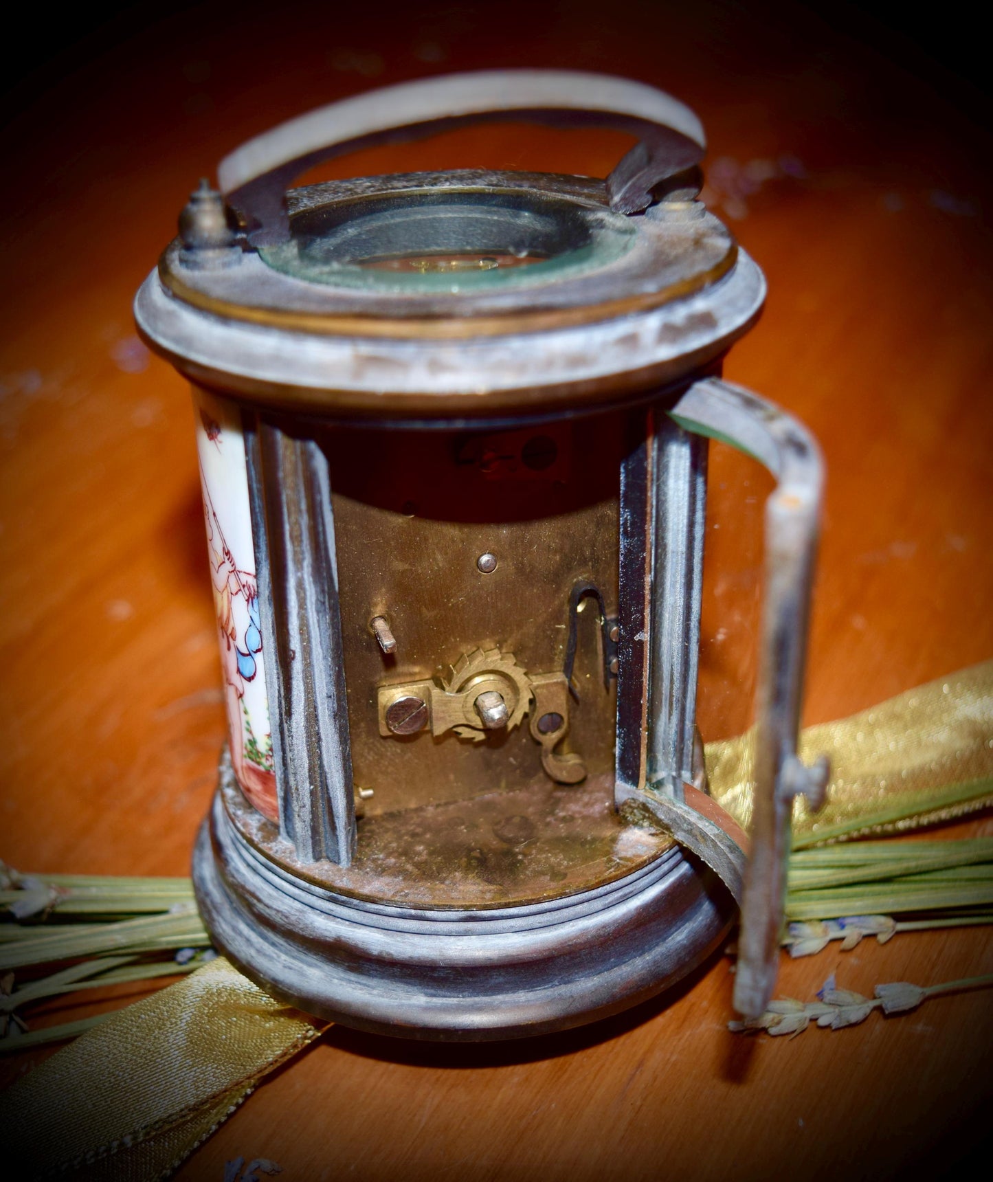 Antique French Carriage Clock with Porcelain & Enamel   c.1910.     Sku: C521