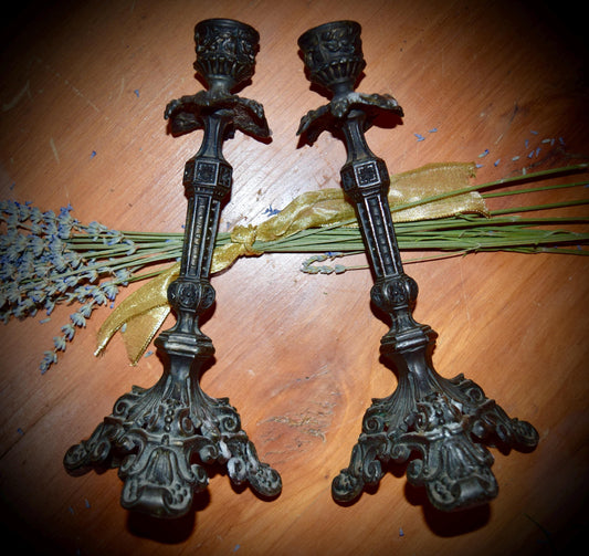 A Pair of Antique French Brass /Spelter Candle Sticks  c.1800's      Sku: C524