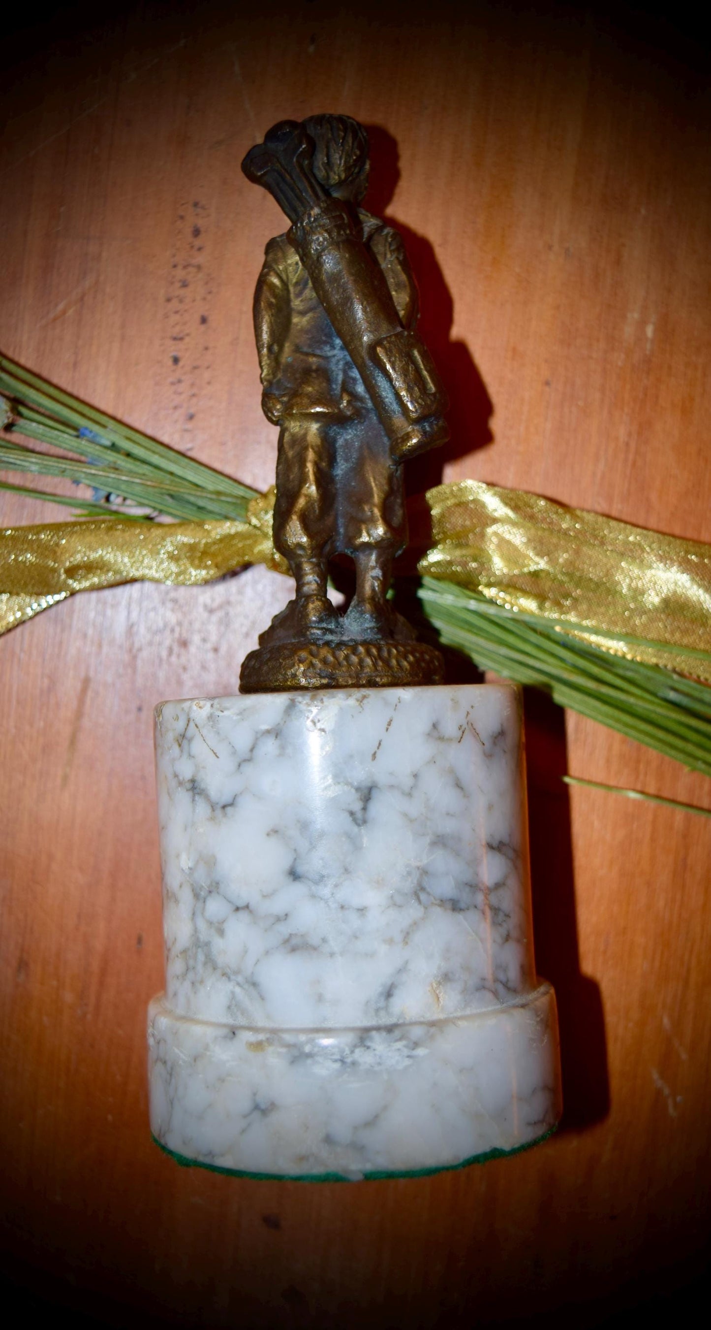 French Antique Statue of Boy and His Golf Clubs on Marble           Sku: C245