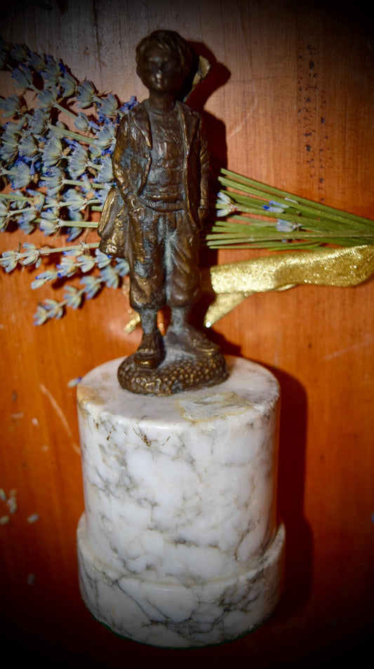 French Antique Statue of Boy and His Golf Clubs on Marble           Sku: C245