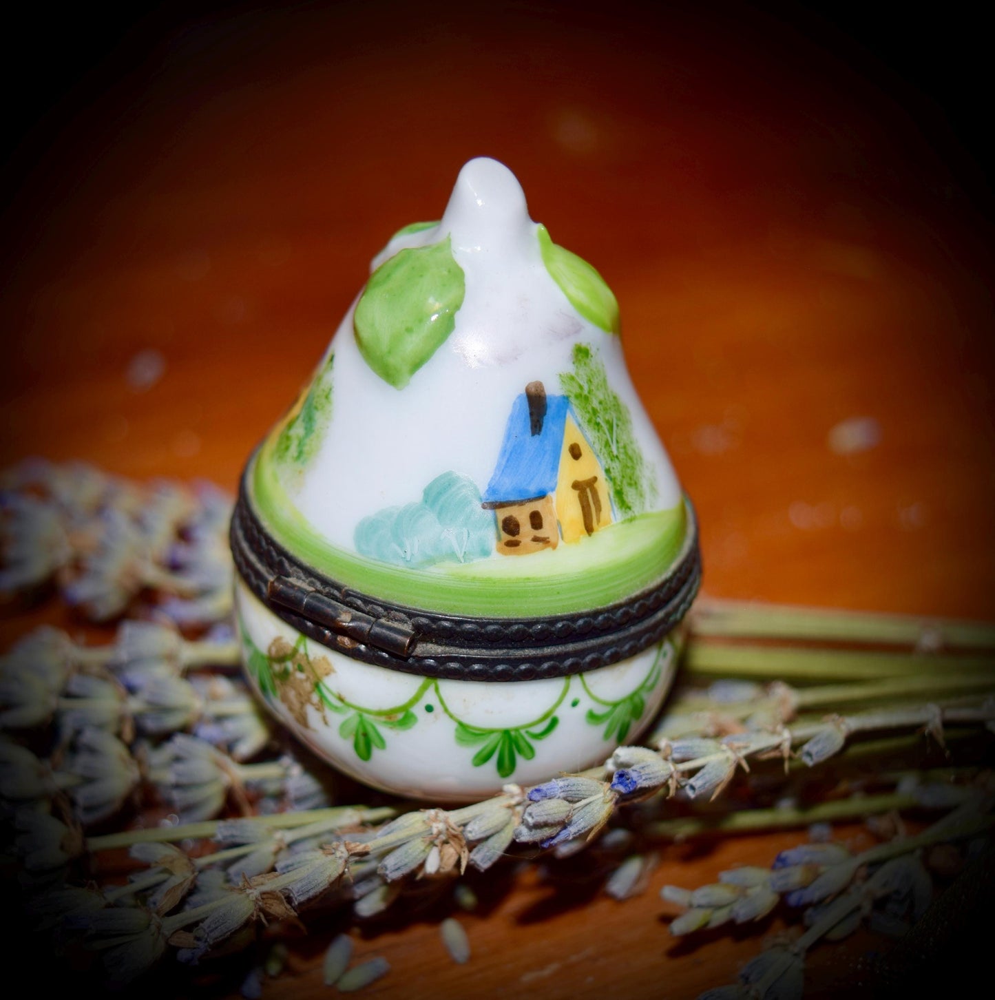 Antique French Limoges Box Pear Shaped with Scenery            Sku: L 356