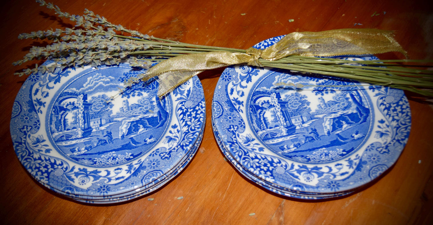 SPODE Italian Design Blue and White Set of 8 Cookie/Bread Plates.    Sku: C238