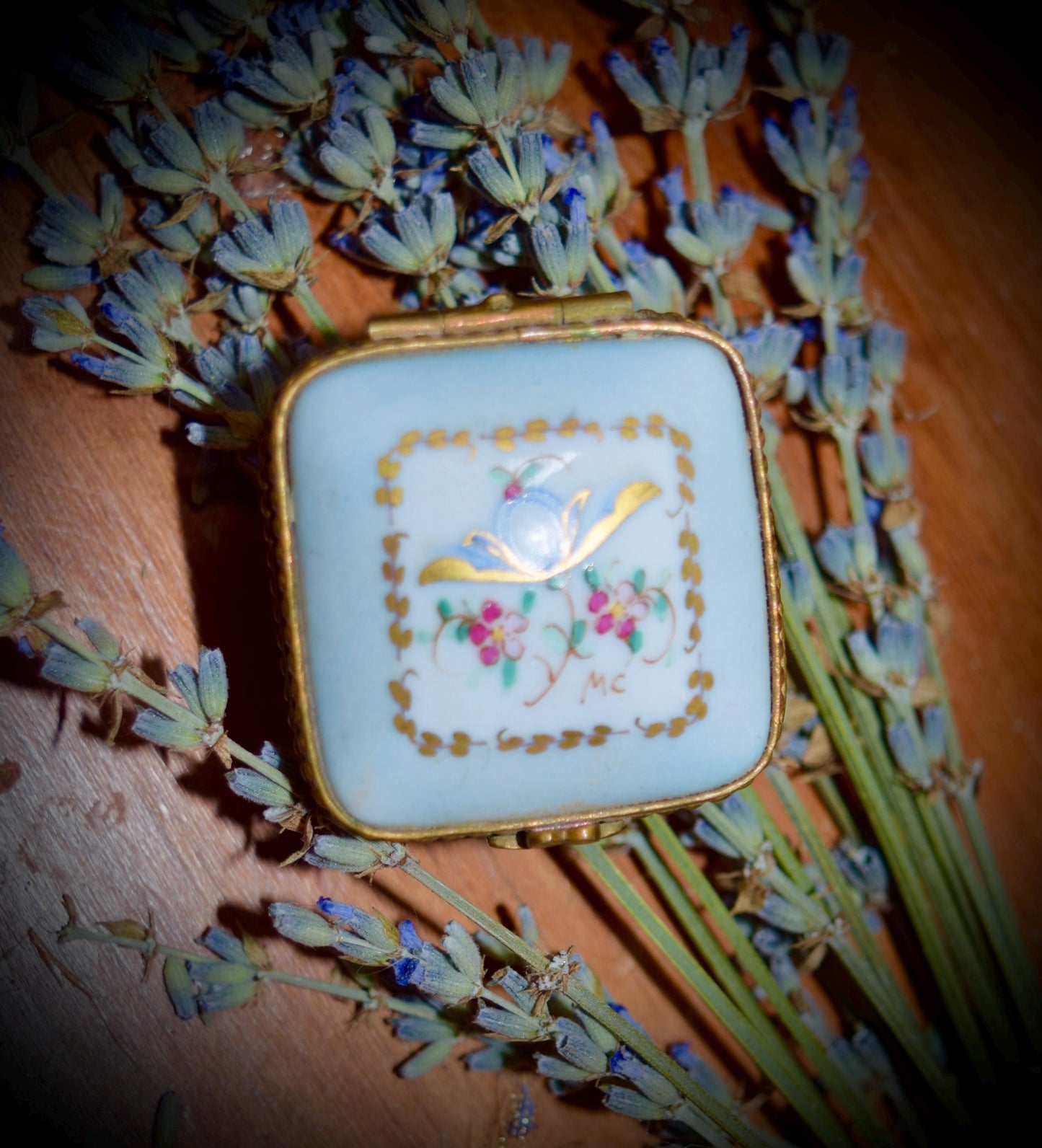 Antique French Limoges Box Baby Blue with Flowers                  Sku: L359