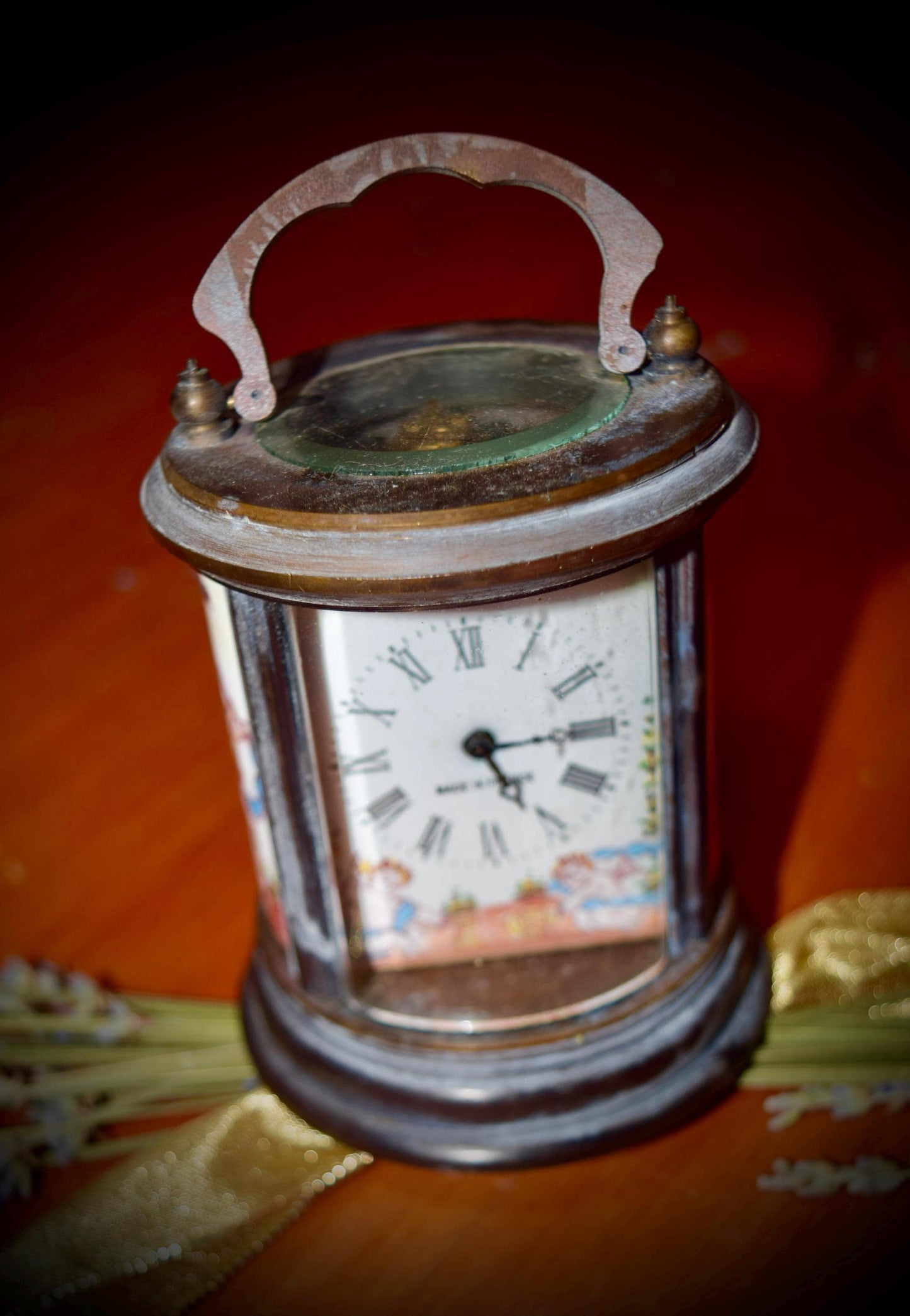 Antique French Carriage Clock with Porcelain & Enamel   c.1910.     Sku: C521