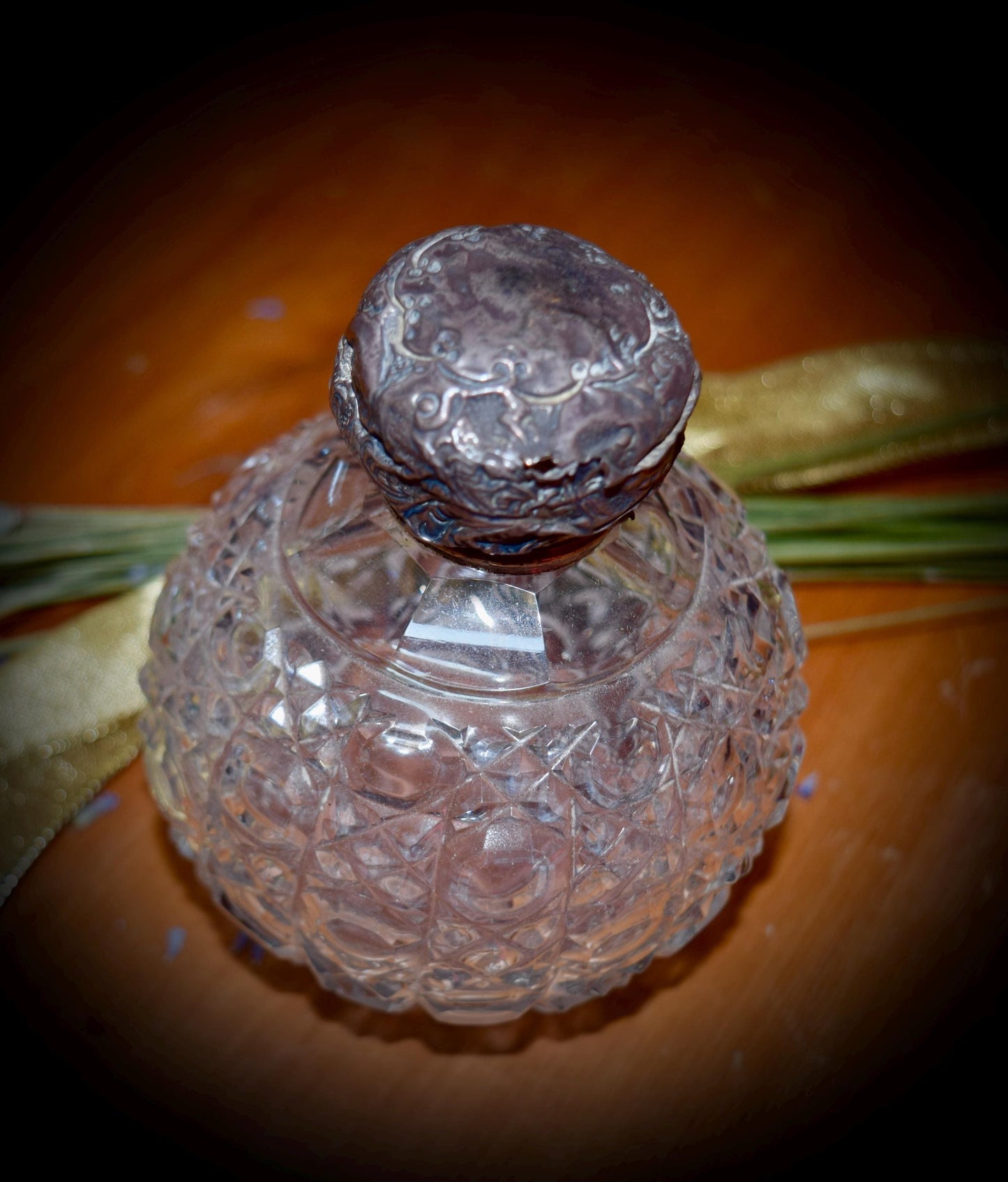 Antique English Crystal Cut and Sterling Perfume Jar    c.1890's.          Sku: C522