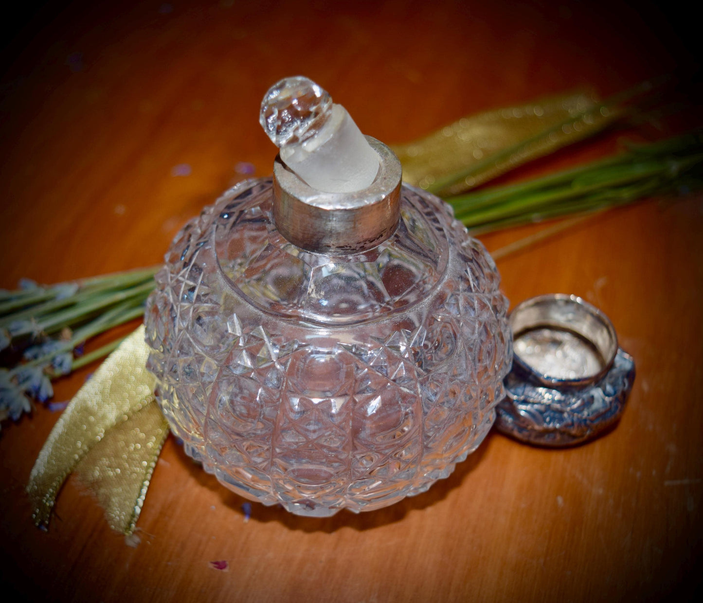 Antique English Crystal Cut and Sterling Perfume Jar    c.1890's.          Sku: C522