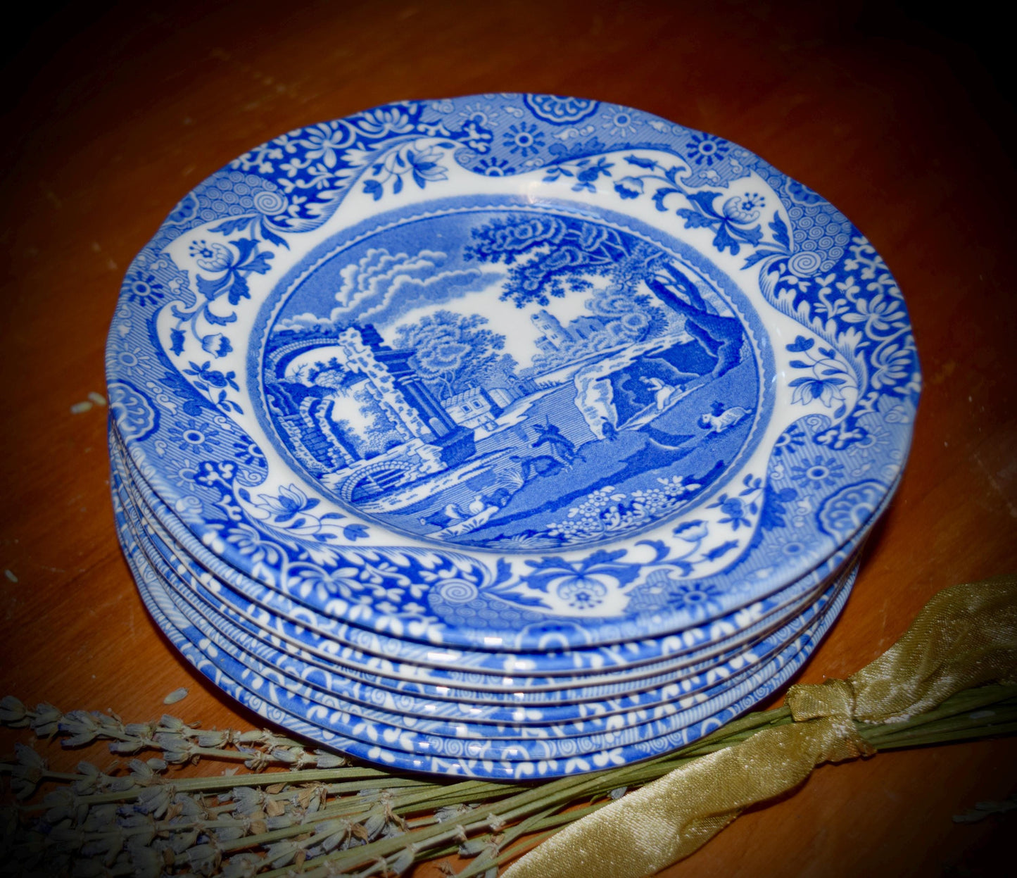 SPODE Italian Design Blue and White Set of 8 Cookie/Bread Plates.    Sku: C238