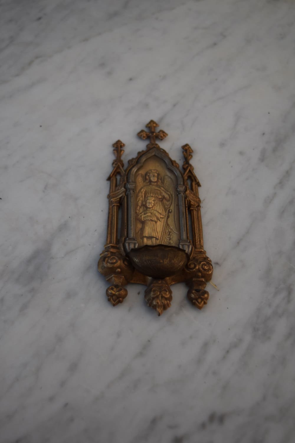 French Antique Brass + glass Holy Water Font ANGEL + CHILD 1800's  Sku: C066