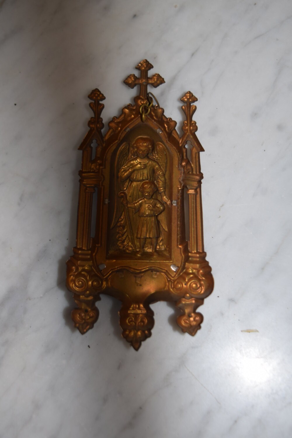 French Antique Brass + glass Holy Water Font ANGEL + CHILD 1800's  Sku: C066