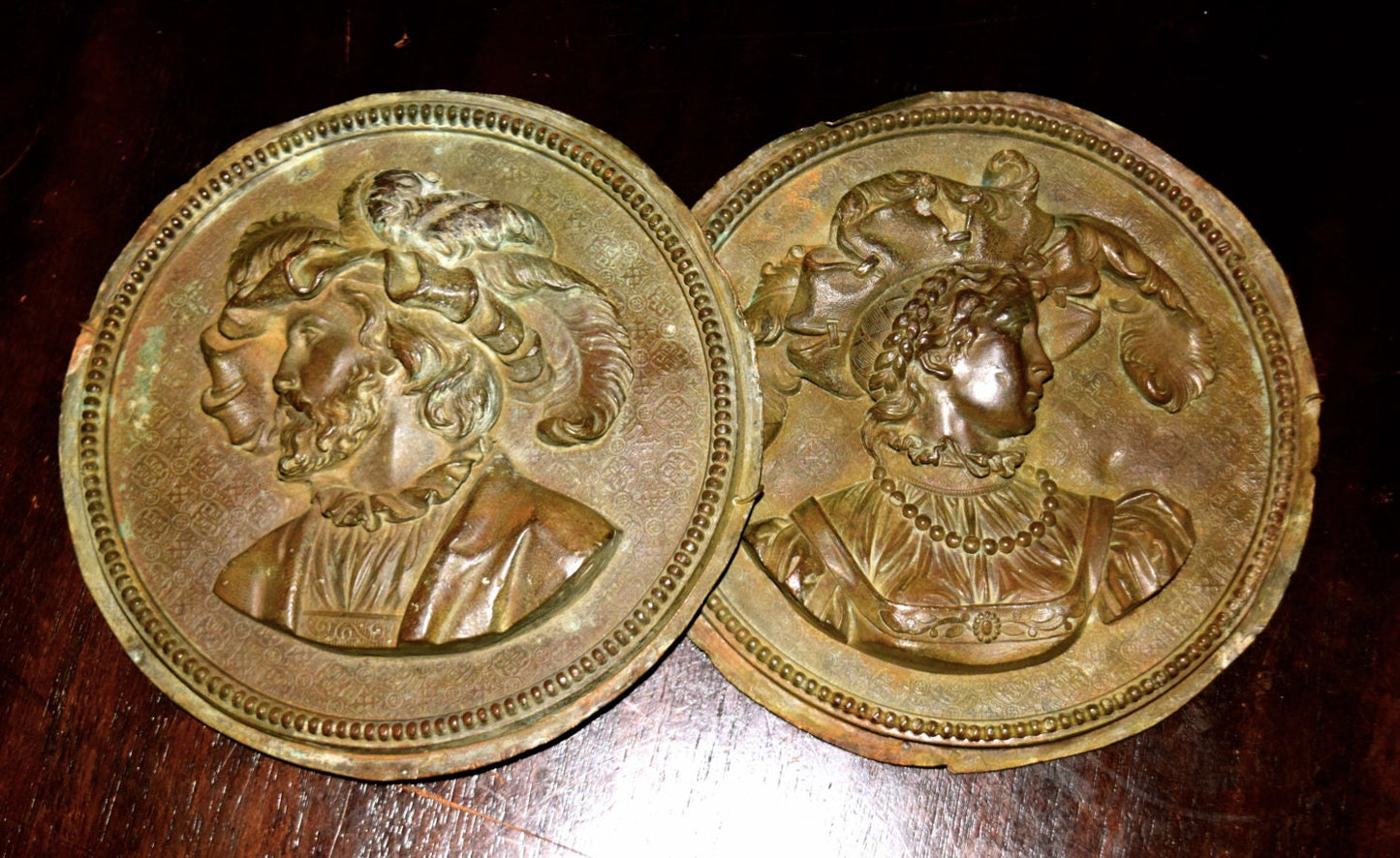 Pair of Antique French Round Bronze Profile Relief Plaques Nobleman and Woman   Sku: C030