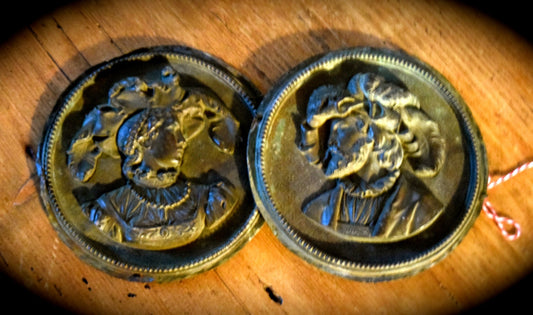 Pair of Antique French Round Bronze Profile Relief Plaques Nobleman and Woman   Sku: C030